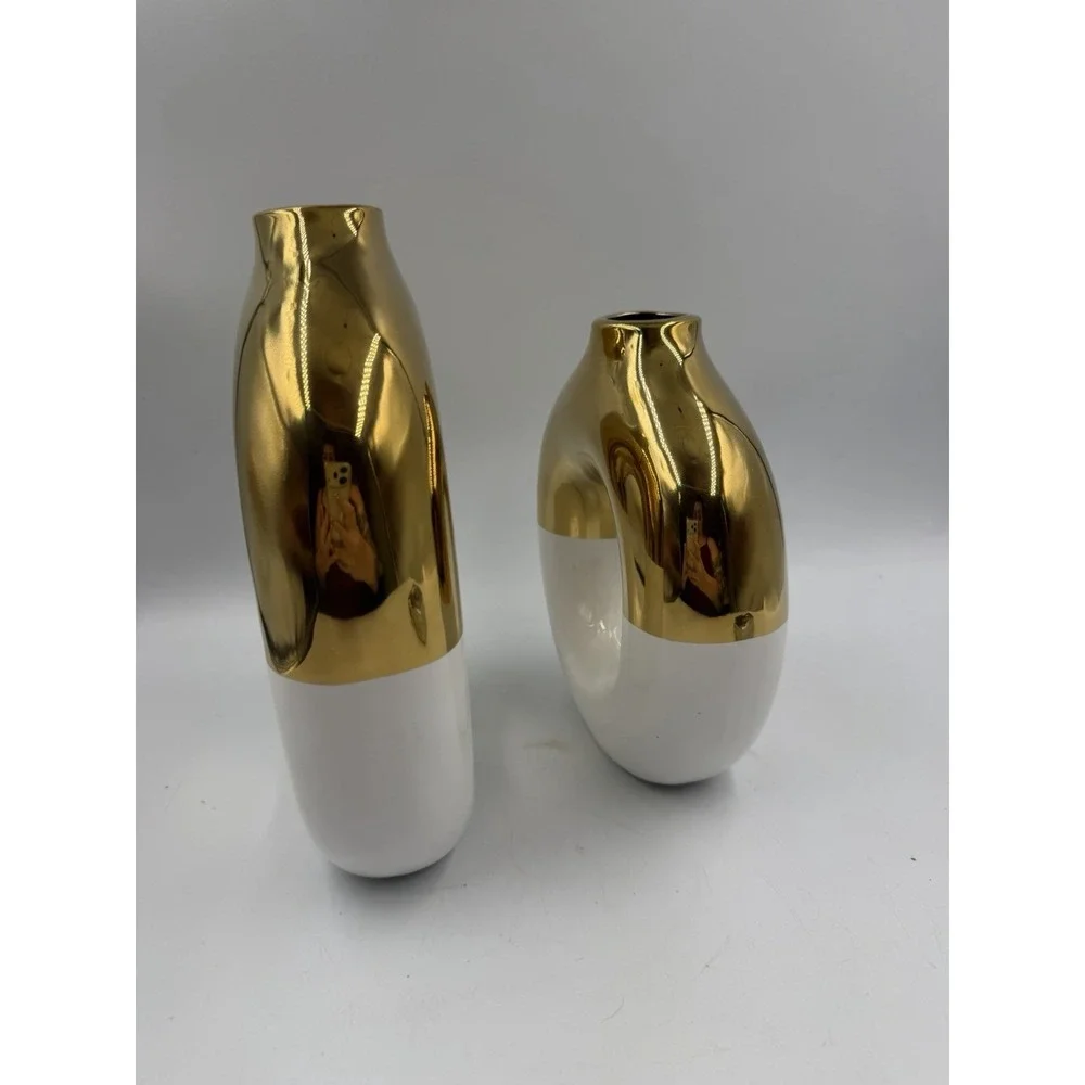 NIB White & Gold Ceramic Vase Set of 2 Round Donut Hollow Flower Vases for Home